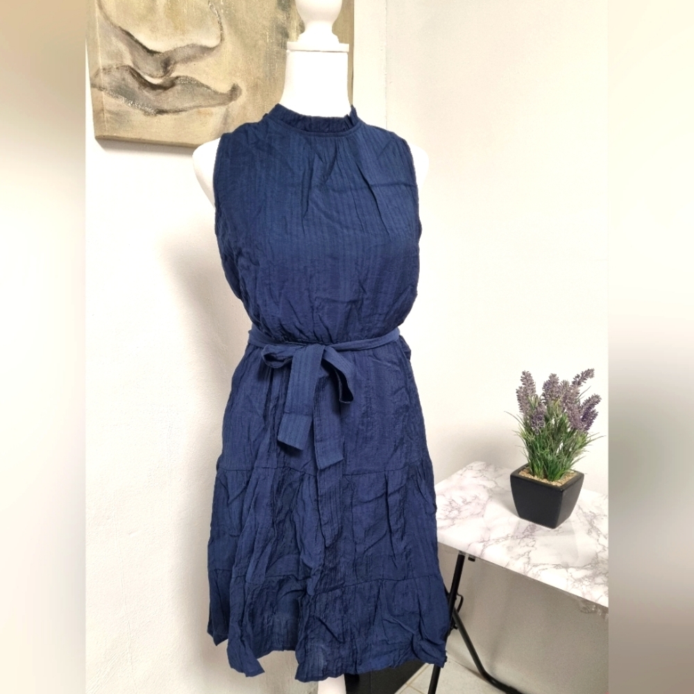 Semi Pleated High Neck Dress - Navy Blue